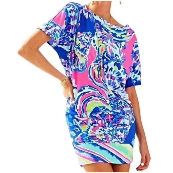 Lilly Pulitzer Lowe Dress M Colorful Print Stretch Preppy Coastal Resortwear - Picture 1 of 14